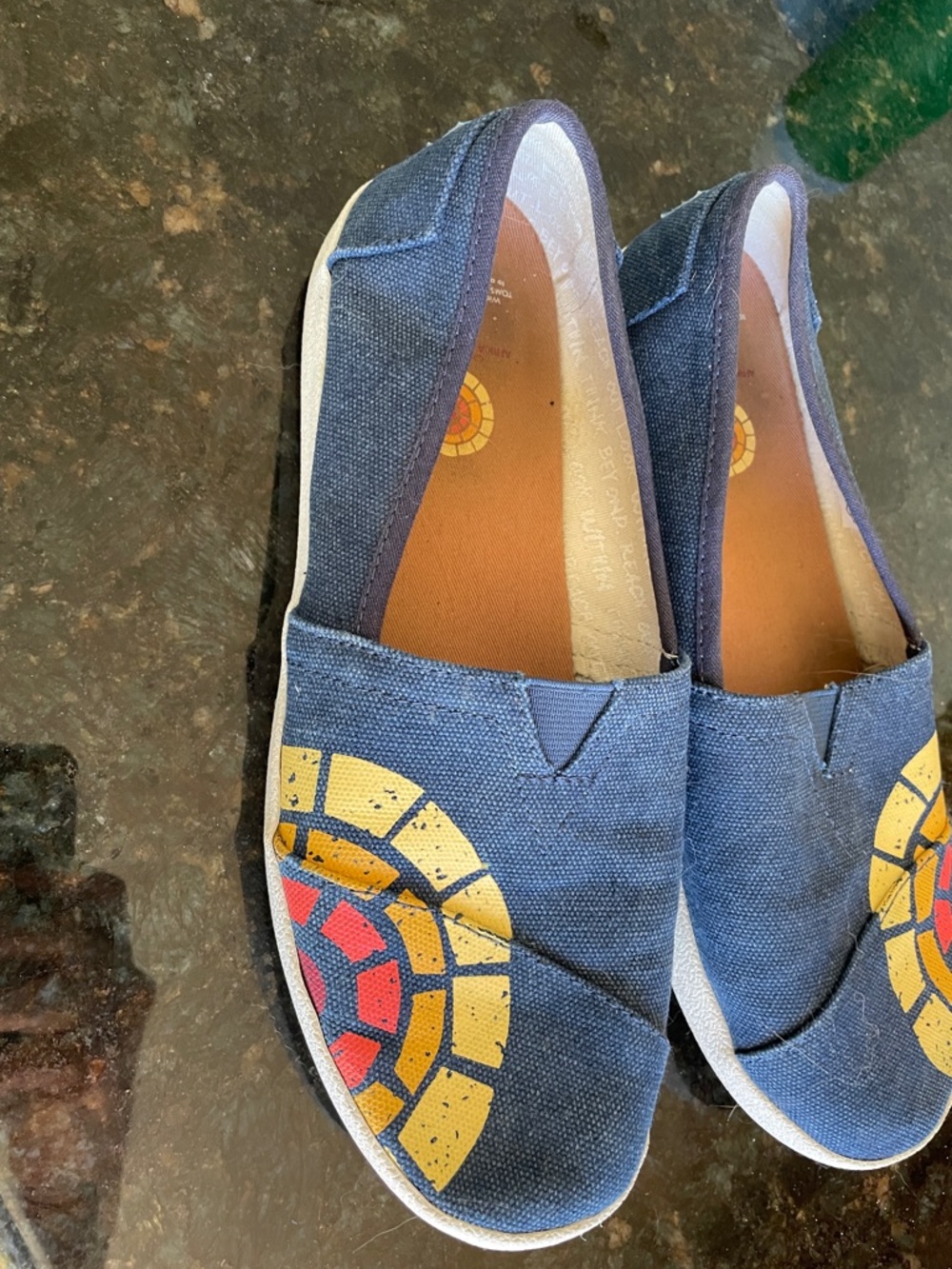 Toms Navy Canvas Slip-On Sneakers with Yellow & Red Mosaic Detail